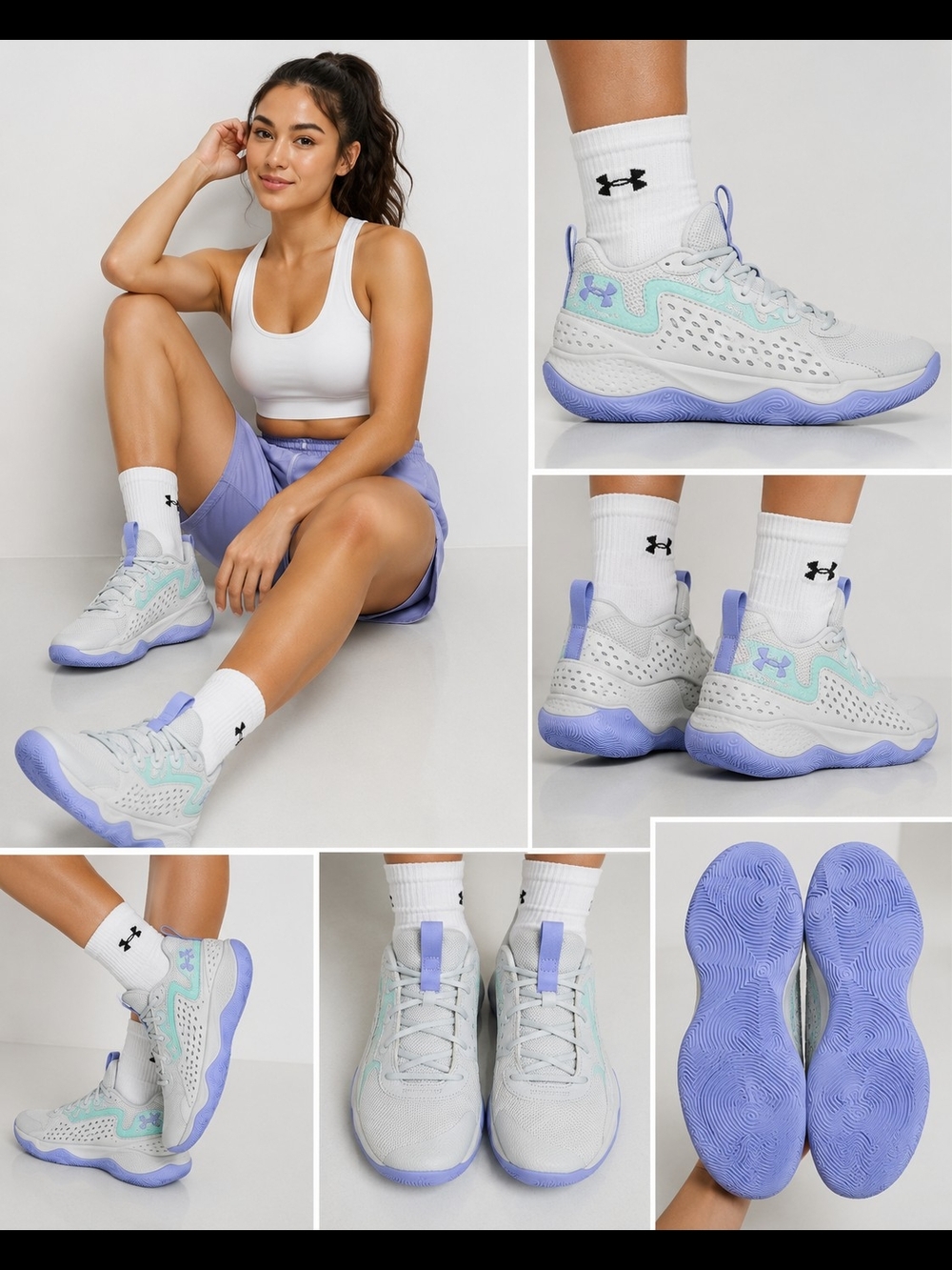 Under Armour Lockdown 6 GS Basketball Shoes GrayAquaLavender Youth 6.5Y Women 8